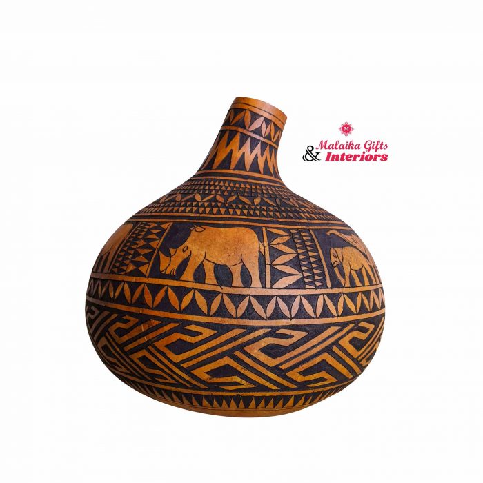 African Carved Calabash Gourd with animal prints