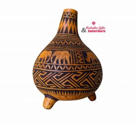 African Carved Calabash Gourd with animal prints with stand