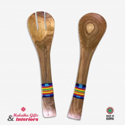 Hand Carved African Wooden Serving Fork and Spoon Set with Beaded Handles
